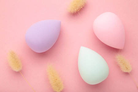 Make up - sponge with dry flowers on pink background. top viewの写真素材