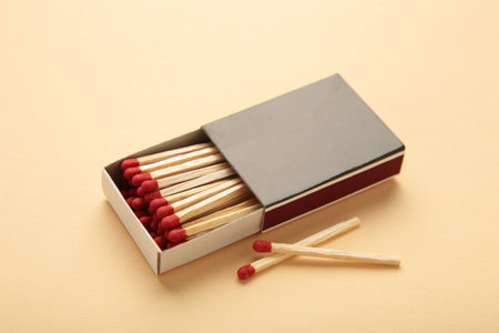 Box of matches on a beige background. top viewの写真素材