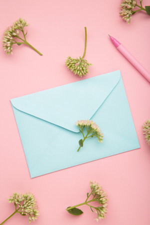 Composition with envelope and beautiful flowers on pink background. Top viewの写真素材