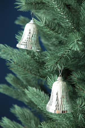 Christmas tree with silver toys. Christmas card with white silver decor. Top viewの写真素材