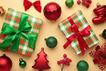Christmas composition. Green gift, red and green decorations on beige background. New year concept....