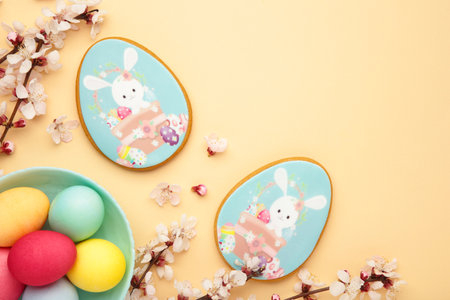 Easter gingerbread and eggs with seasonal flowers on beige background. Sweet Easter concept,...