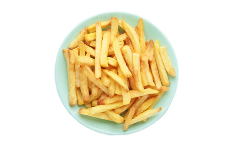 French fries on mint plate isolated on white background. Top view