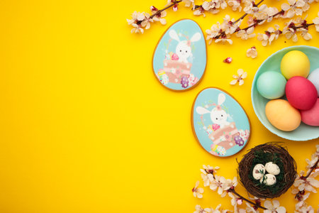 Easter gingerbread and eggs with seasonal flowers on yellow background. Sweet Easter concept,...