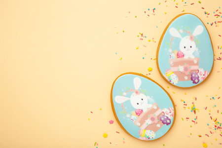 Easter gingerbread on beige background. Sweet Easter concept, greeting card. Top view