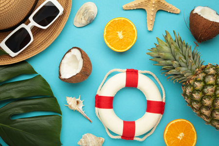 Tropical leaves and fruits summer concept frame on blue background. Copy space. Top viewの写真素材