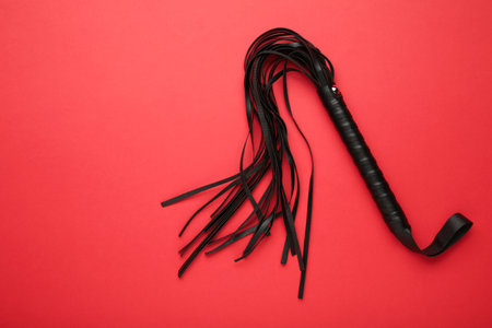 Leather bdsm whip on red background. Erotic toys for BDSM. Top view