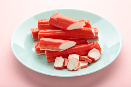 Tasty cut and whole crab sticks on pink backgroundの写真素材