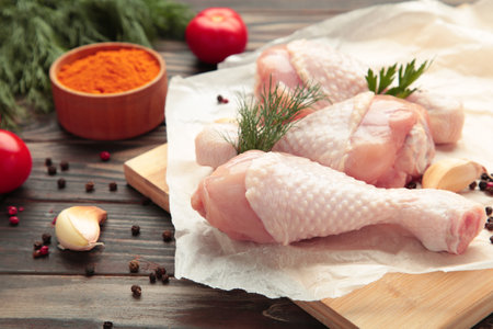 Raw chicken drumsticks with spices on cutting board on brown background.の写真素材