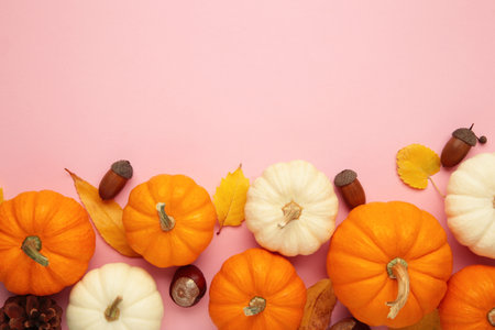 Autumn composition. White and orange pumpkin with autumn leaves on pink background.の写真素材