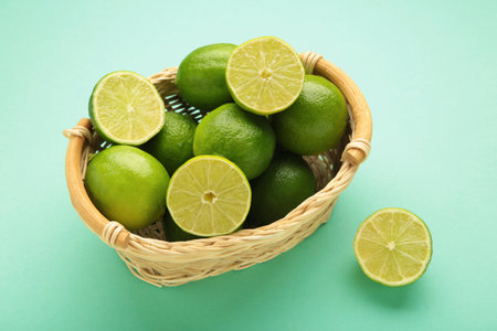 Citrus lime fruit on mint background cutout. Top view
