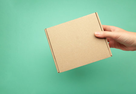 Young adult woman hands holding closed new brown carton box on mint background. Top view