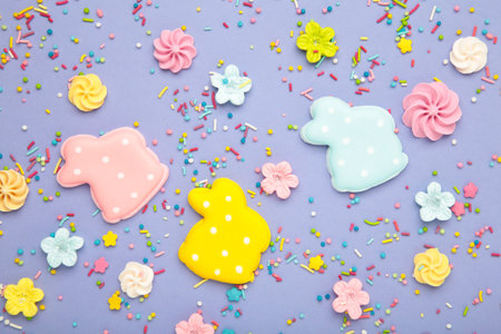 Tasty Easter cookies in shape on bunny and candies on purple background. Top viewの写真素材