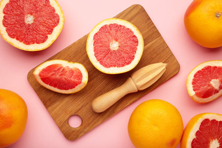 Fresh Organic grapefruit and a wooden juicer on pink background, top view. Space for textの写真素材