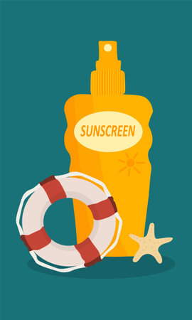 Solar protection cosmetic container with lifebuoy and starfish. Vector template spf spray product collection. Top viewのイラスト素材