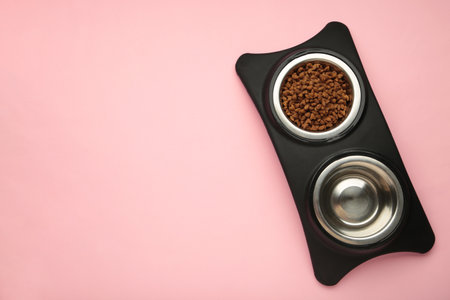 Dog or cat food in a silver bowl on pink background. Top viewの写真素材