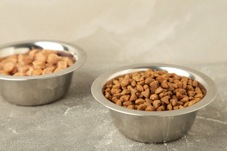 Dog or cat food in a silver bowl on light background. Top view