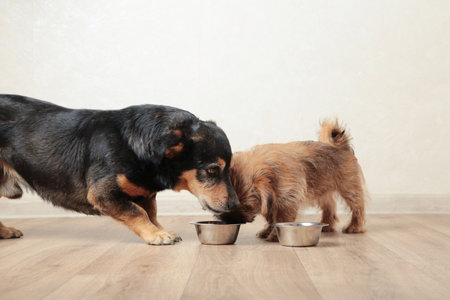 Two dogs eating food from aluminum container on floor kitchen tiles background. Top viewの写真素材