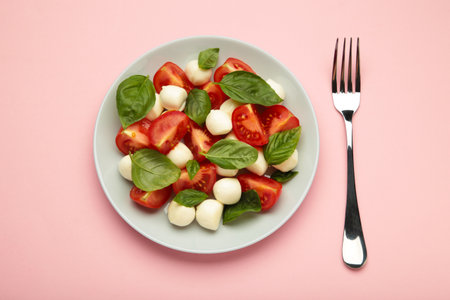 Italian Caprese salad with cherry tomatoes, mozzarella, basil on dark plate on pink background.の写真素材