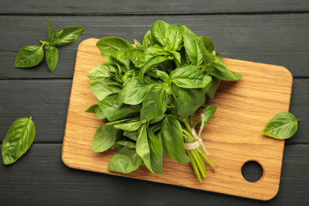 Fresh green basil leaves on black wooden background. Top viewの写真素材