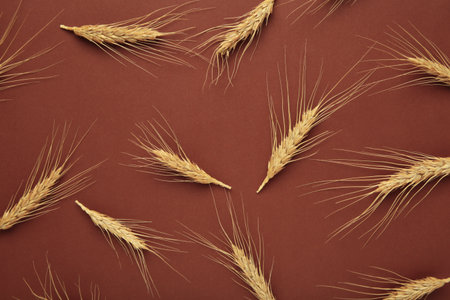Ears of wheat on brown background. Top viewの写真素材