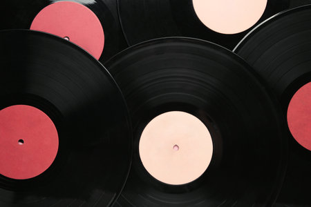 Gramophone vinyl records background. Top view