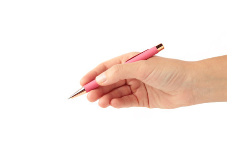 Young woman holding pink pen isolated on white background. Top view