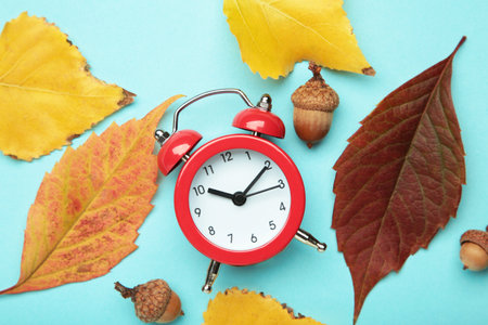 Alarm clock, acorns and autumn leaves on blue background. Daylight saving time end. Top view