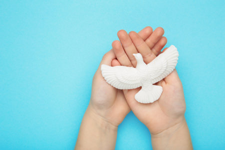 Child hands with dove on blue background. International Day of Peace. Space for textの写真素材