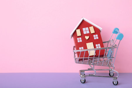 Shopping cart with wooden house on pink background. Space for textの写真素材