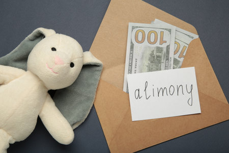 Toy bunny and envelope with the word Alimony and money on dark blue background. Top viewの写真素材