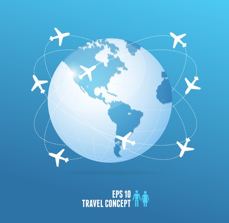 Airplanes flying around the globe. Vector travel conceptのイラスト素材