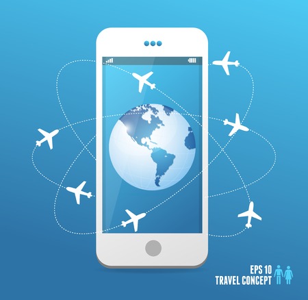 Airplanes flying around the globe  Vector travel conceptのイラスト素材