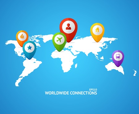 Vector World Map with color geo location pin pointersのイラスト素材