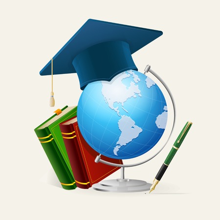Vector Graduation cap, stack of books, globe, and pen. Concept Isolated on white background.のイラスト素材