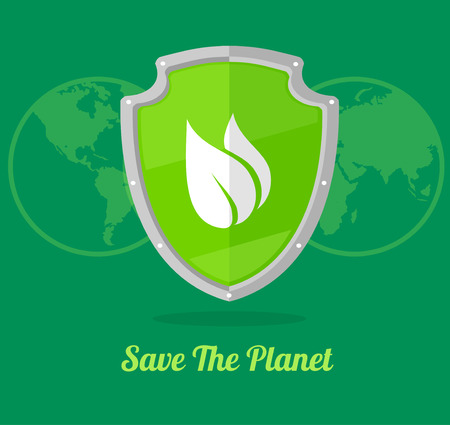 Vector illustration shield with leaves isolated on green background. Ecology conceptのイラスト素材