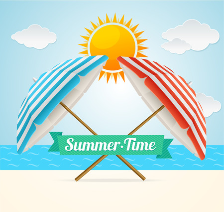Vector illustration Beach Umbrella Summer Card. The concept of a happy summer holidayのイラスト素材
