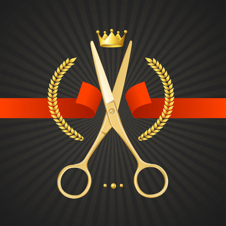 Scissors Barber Concept. Golden Scissors Cut the Red Ribbon. The Symbol of the Winner on a Black Background. Vector illustrationのイラスト素材