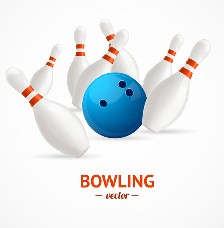 Bowling Ball Crashing Into The Pins with The Inscription. Vector illustrationのイラスト素材