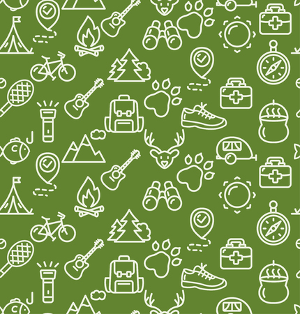 Camping Tourism Hiking Background on Green. Vector illustrationのイラスト素材