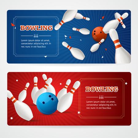 Bowling Colored Horizontal Banner Card Set. Vector illustrationのイラスト素材