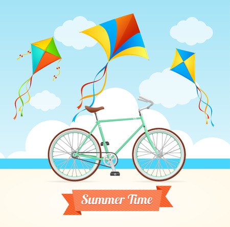 Summer Card with Kite and Bike. Vector illustrationのイラスト素材