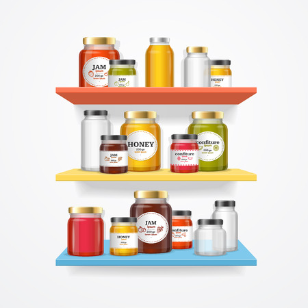 Jam Glasses on Shelf. Jars with Labels, Ready for Retail. Vector illustrationのイラスト素材