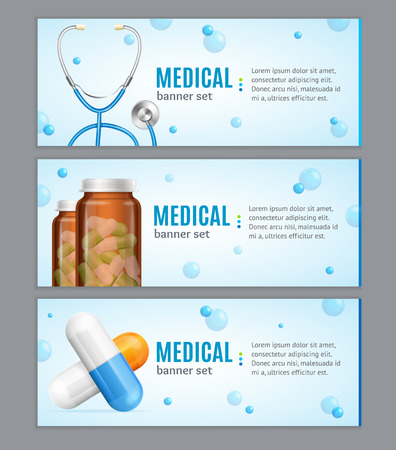 Medical Banner Horizontal Set with Pills and Stethoscope on Grey Background. Vector illustrationのイラスト素材