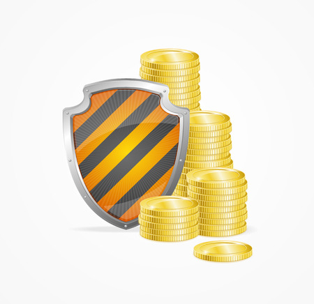 Money Safety Concept Isolated on White Background. Shield and Gold Coins. illustrationのイラスト素材
