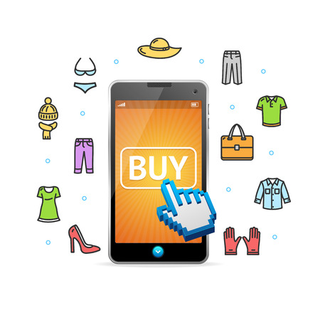 Online Shopping Clothing with Mobile App. Service Concept. Vector illustrationのイラスト素材