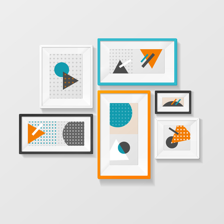 Modern Picture Frame Set Hanging on Wall. Home Decor. Vector illustrationのイラスト素材