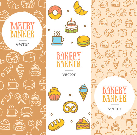 Bakery Banner Flyer Vertical Set Thin Line Pixel Perfect Art. Material Design. Vector illustrationのイラスト素材