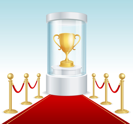 Round Glass Showcase with Golden Cup and Red Carpet. Cylinder for Award Ceremonies. Vector illustrationのイラスト素材