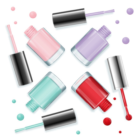 Open Nail Polish Jars with Drops for Manicure and Pedicure Background Trendy Color. Vector illustrationのイラスト素材
